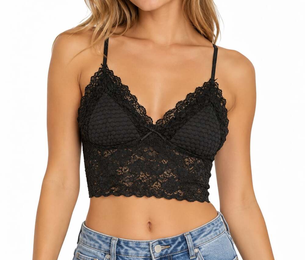 Black Floral Lace Longline Bralette V-Neck Crop Top